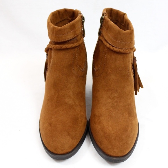 Tan Suede Tassel Chunky Heeled Almond Toe Bootie - Picture 3 of 4
